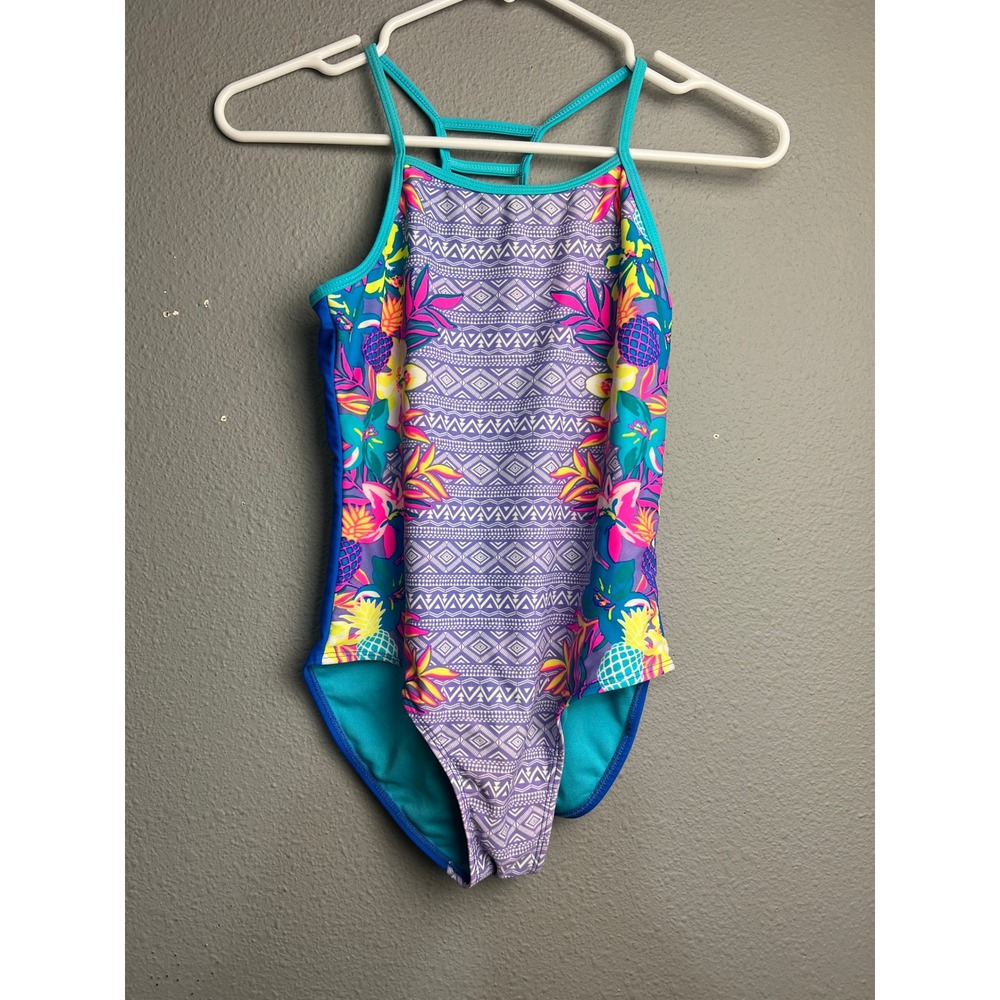 Wonder Nation Girls L 10-12 One Piece Swimsuit Tropical Pineapple Cobalt Crush